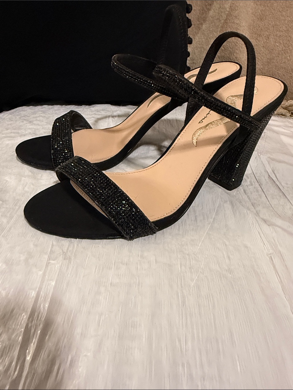 Nina Black Rhinestone Block Heel Sandals Sz 8M